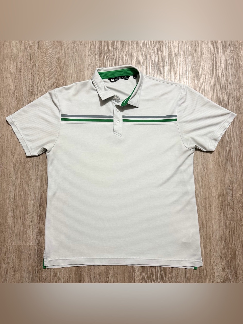 Travis Mathew Men’s L White Green Stripe Golf Polo Shirt Cotton Blend